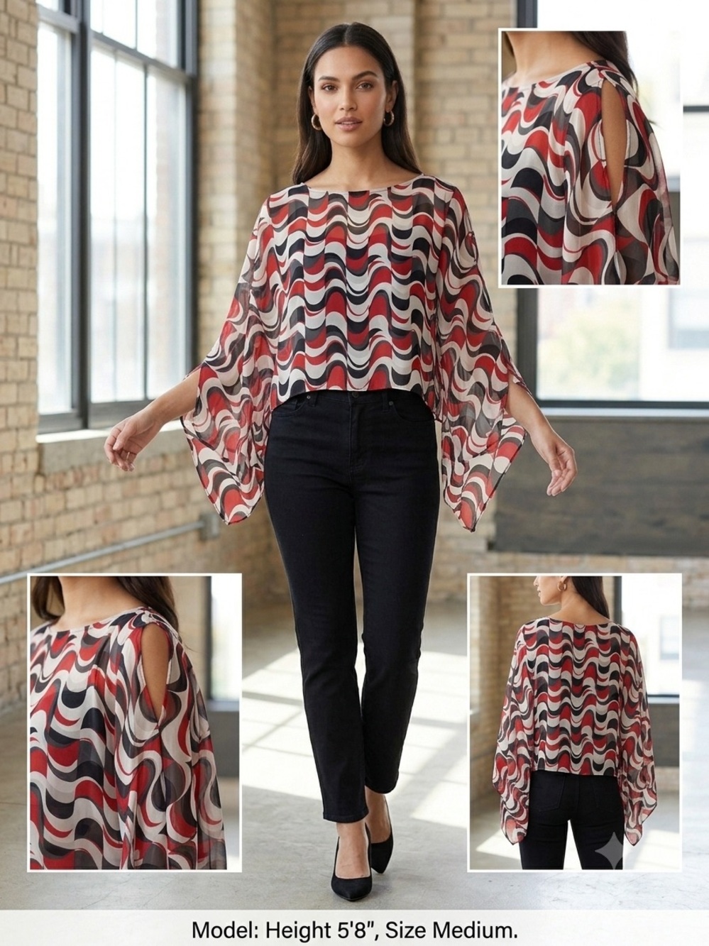 New York & Company Sheer Geometric Wavy Print Split Sleeve Poncho Top M